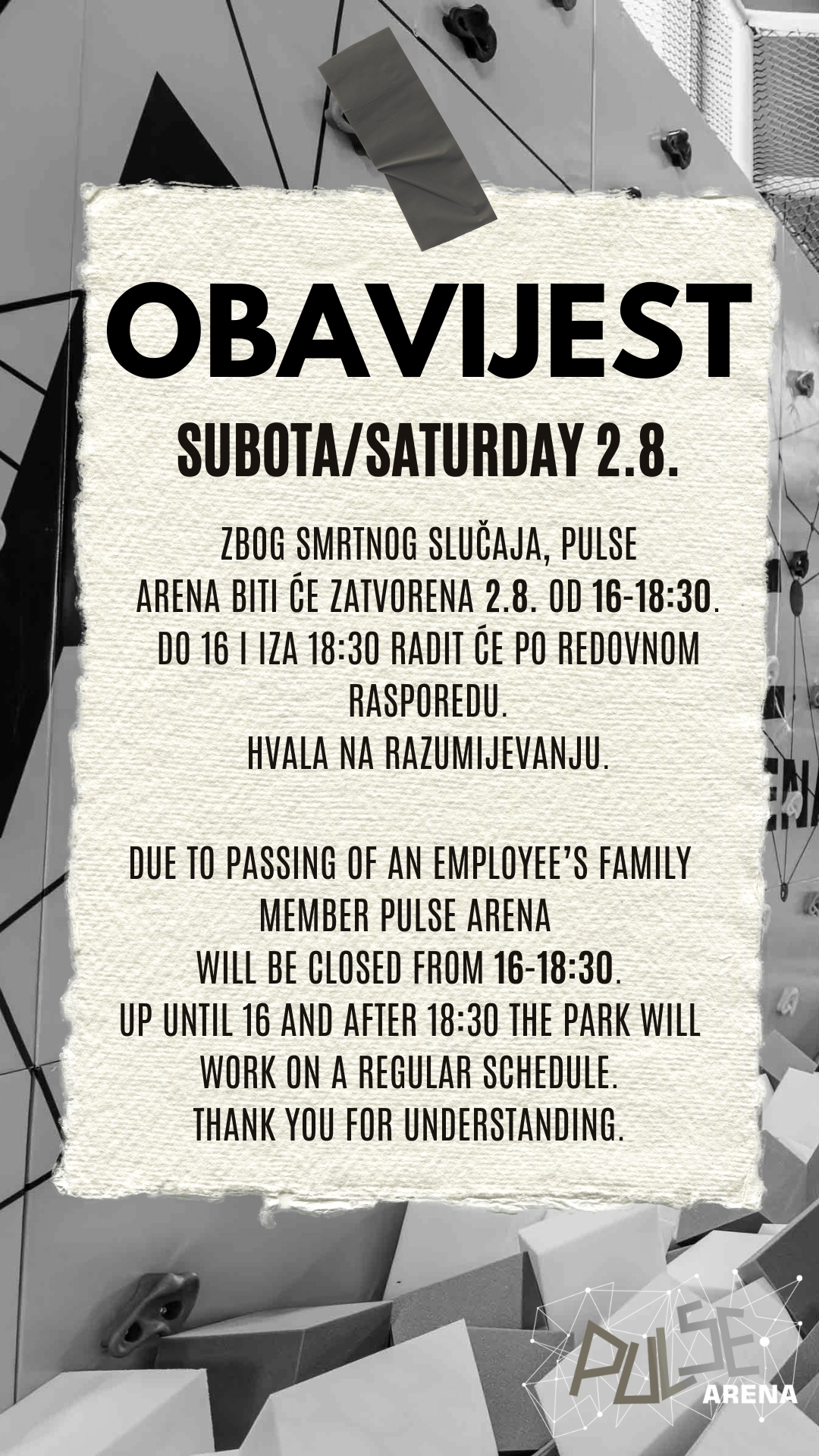 Izmjena radnog vremena Pulse Arene u subotu 2.8.