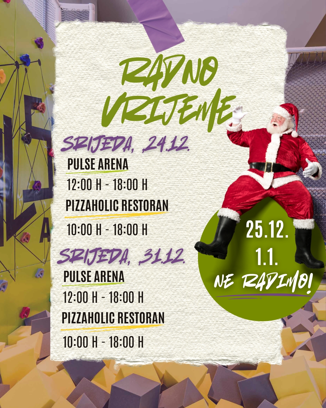 Radno vrijeme Pulse Arene i Pizzaholic restorana za Božić i Novu godinu